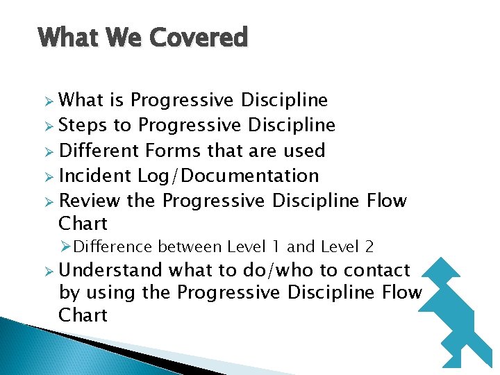 What We Covered Ø What is Progressive Discipline Ø Steps to Progressive Discipline Ø What We Covered Ø What is Progressive Discipline Ø Steps to Progressive Discipline Ø