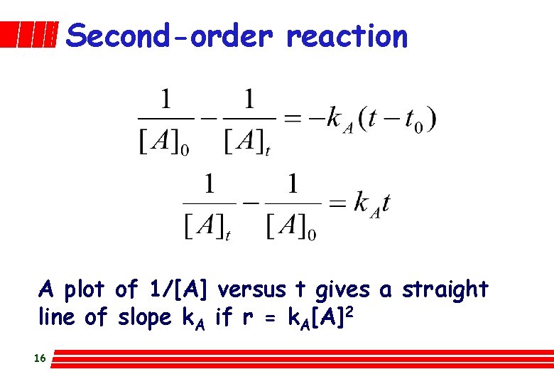 Second-order reaction A plot of 1/[A] versus t gives a straight line of slope