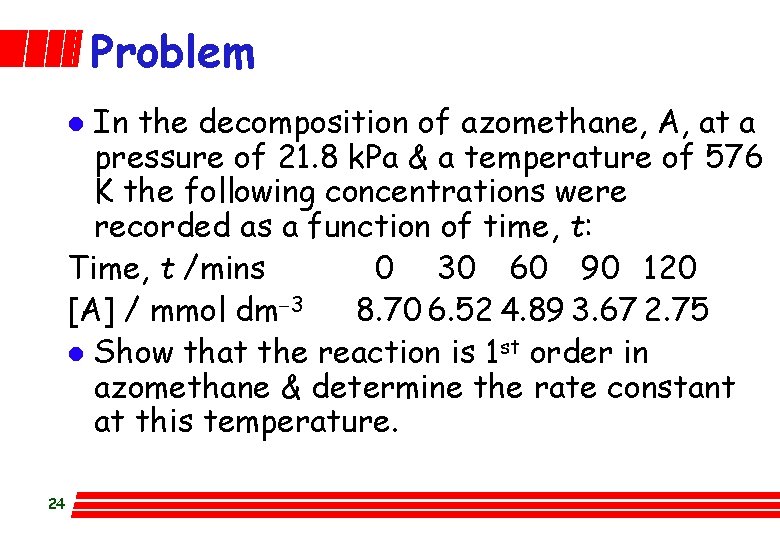 Problem In the decomposition of azomethane, A, at a pressure of 21. 8 k.