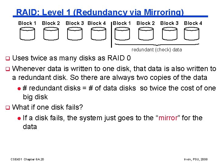 RAID: Level 1 (Redundancy via Mirroring) Block 1 Block 2 Block 3 Block 4