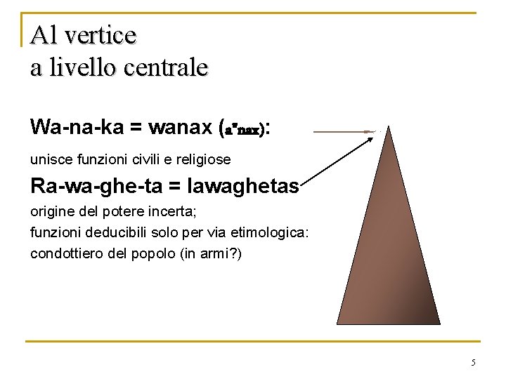 Al vertice a livello centrale Wa-na-ka = wanax (a"nax): unisce funzioni civili e religiose Al vertice a livello centrale Wa-na-ka = wanax (a"nax): unisce funzioni civili e religiose