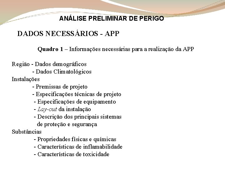 ANÁLISE PRELIMINAR DE PERIGO DADOS NECESSÁRIOS - APP Quadro 1 – Informações necessárias para