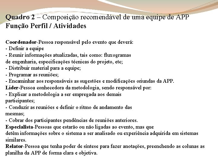 Quadro 2 – Composição recomendável de uma equipe de APP Função Perfil / Atividades