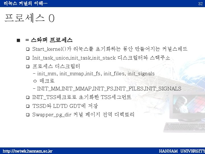 리눅스 커널의 이해… 32 프로세스 0 < = 스와퍼 프로세스 q Start_kernel()가 리눅스를 초기화하는