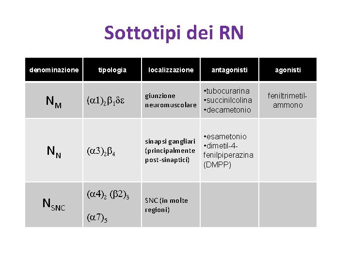 Sottotipi dei RN denominazione NM NN NSNC tipologia localizzazione antagonisti (a 1)2 b 1