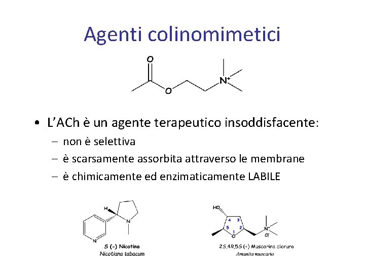 Agenti colinomimetici • L’ACh è un agente terapeutico insoddisfacente: – non è selettiva –