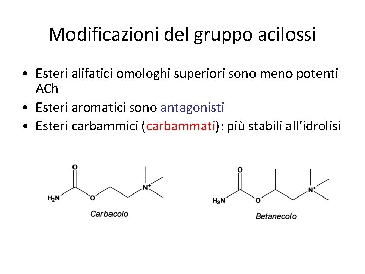 Modificazioni del gruppo acilossi • Esteri alifatici omologhi superiori sono meno potenti ACh •