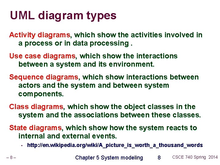UML diagram types Activity diagrams, which show the activities involved in a process or