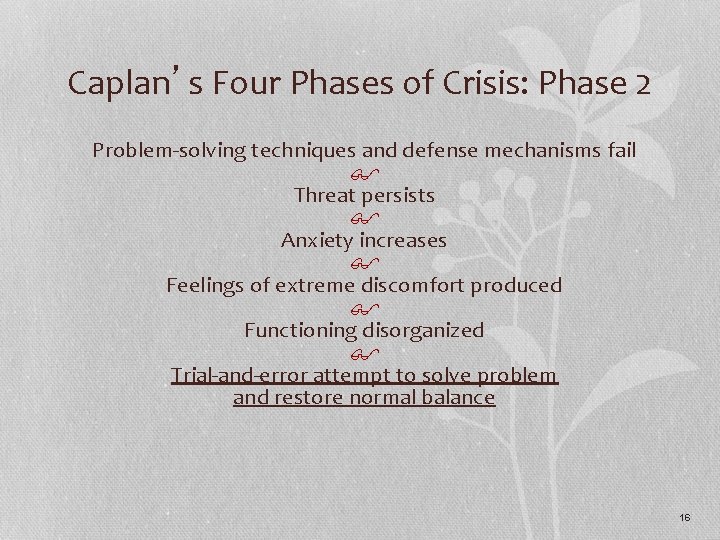 Caplan’s Four Phases of Crisis: Phase 2 Problem-solving techniques and defense mechanisms fail $
