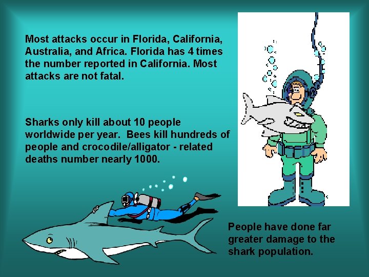Most attacks occur in Florida, California, Australia, and Africa. Florida has 4 times the