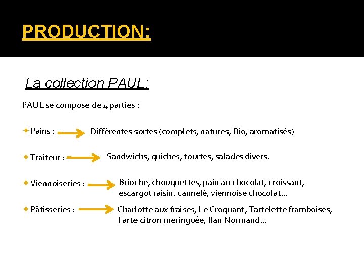 PRODUCTION: La collection PAUL: PAUL se compose de 4 parties : Pains : Traiteur