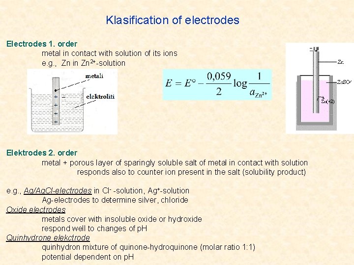 Klasification of electrodes Electrodes 1. order metal in contact with solution of its ions