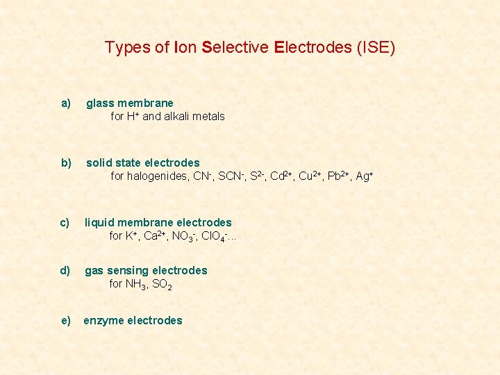 Types of Ion Selective Electrodes (ISE) a) glass membrane for H+ and alkali metals