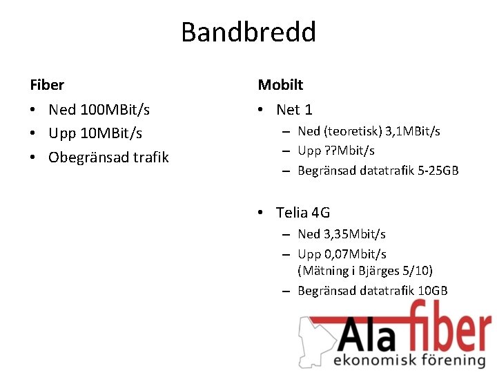 Bandbredd Fiber Mobilt • Ned 100 MBit/s • Upp 10 MBit/s • Obegränsad trafik