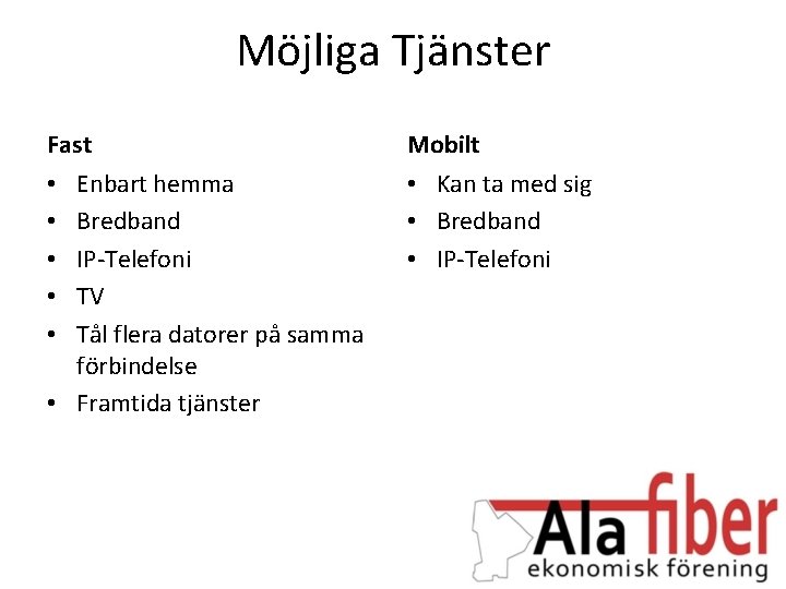 Möjliga Tjänster Fast Mobilt Enbart hemma Bredband IP-Telefoni TV Tål flera datorer på samma