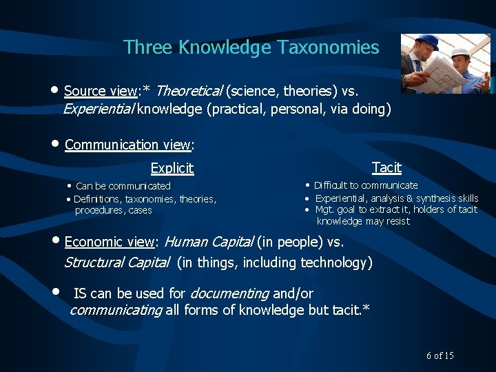 Three Knowledge Taxonomies • Source view: * Theoretical (science, theories) vs. Experiential knowledge (practical,