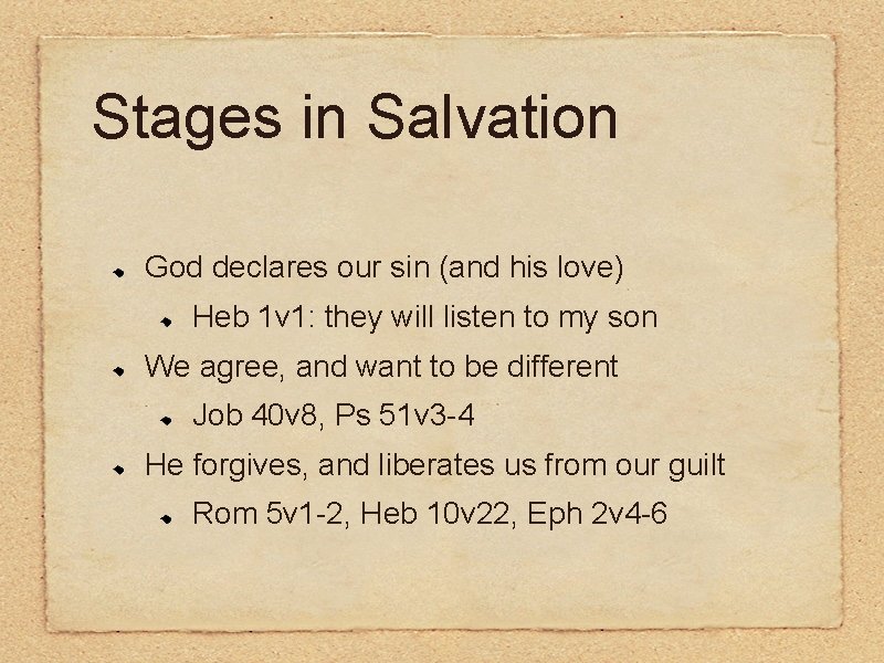 Stages in Salvation God declares our sin (and his love) Heb 1 v 1: