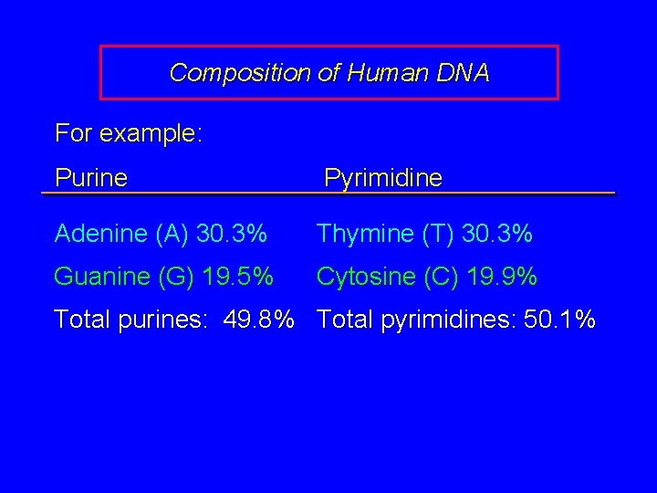 Composition of Human DNA For example: Purine Pyrimidine Adenine (A) 30. 3% Thymine (T)