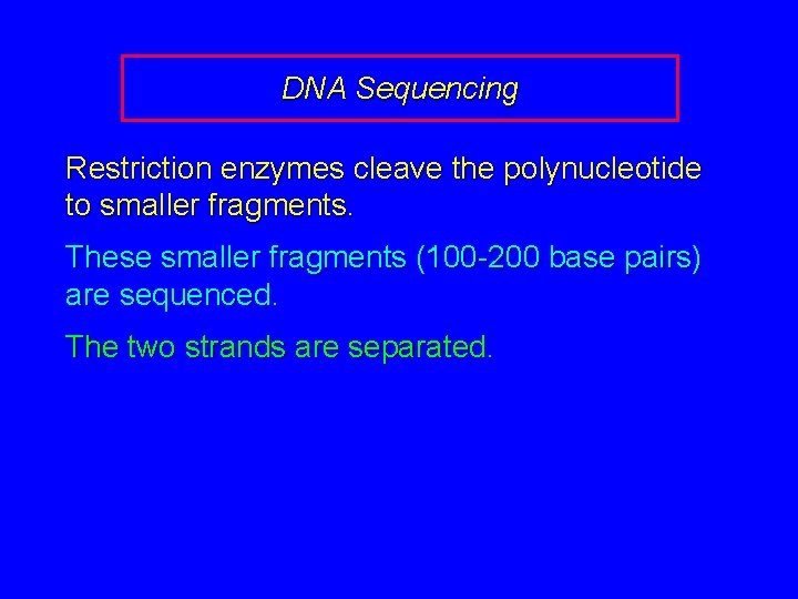 DNA Sequencing Restriction enzymes cleave the polynucleotide to smaller fragments. These smaller fragments (100