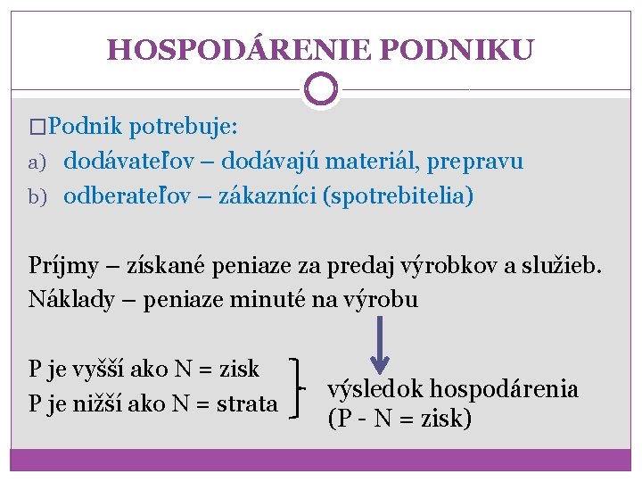 HOSPODÁRENIE PODNIKU �Podnik potrebuje: a) dodávateľov – dodávajú materiál, prepravu b) odberateľov – zákazníci HOSPODÁRENIE PODNIKU �Podnik potrebuje: a) dodávateľov – dodávajú materiál, prepravu b) odberateľov – zákazníci