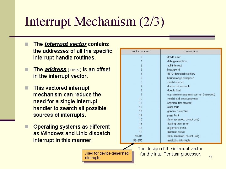 Interrupt Mechanism (2/3) n The interrupt vector contains the addresses of all the specific