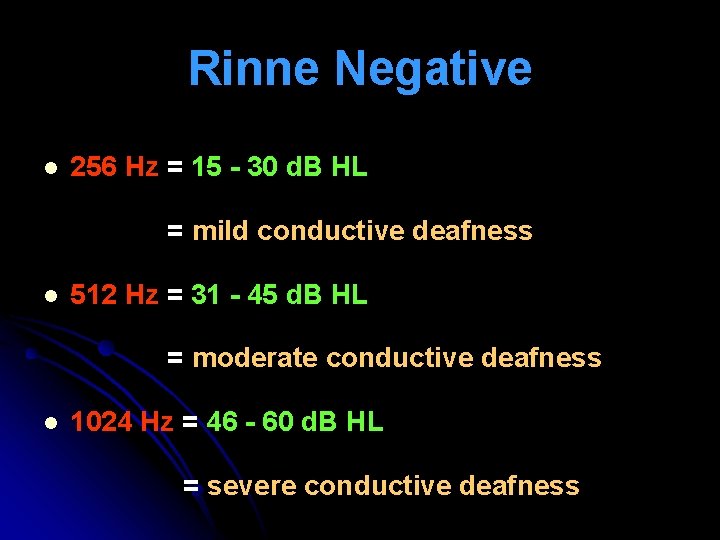 Rinne Negative l 256 Hz = 15 - 30 d. B HL = mild Rinne Negative l 256 Hz = 15 - 30 d. B HL = mild