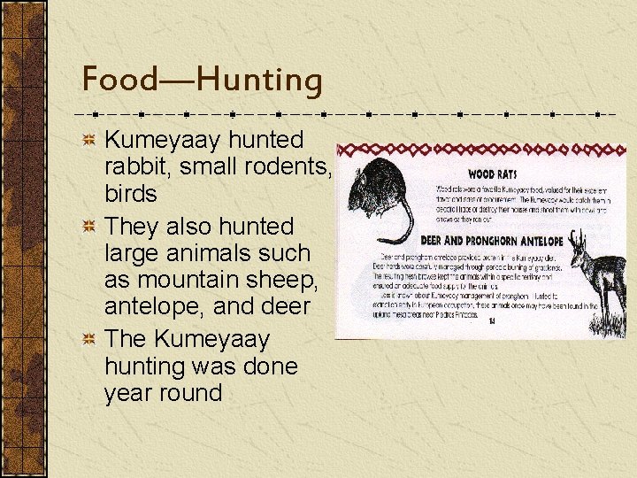 Food—Hunting Kumeyaay hunted rabbit, small rodents, birds They also hunted large animals such as