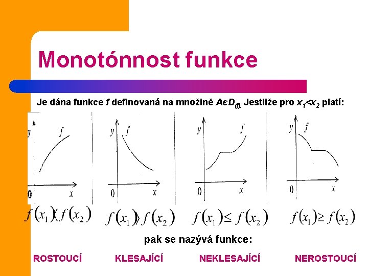 Monotónnost funkce Je dána funkce f definovaná na množině AєD(f). Jestliže pro x 1<x