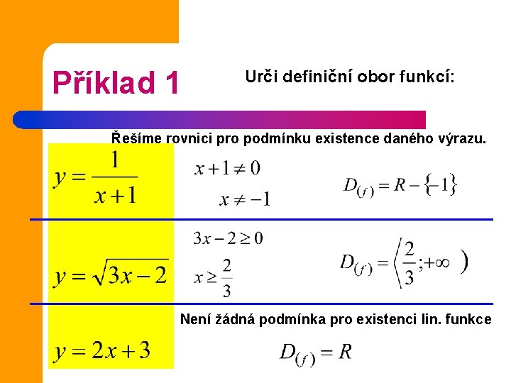 Příklad 1 Urči definiční obor funkcí: Řešíme rovnici pro podmínku existence daného výrazu. Není