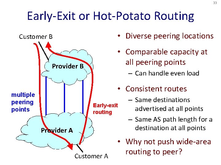 33 Early-Exit or Hot-Potato Routing • Diverse peering locations Customer B • Comparable capacity