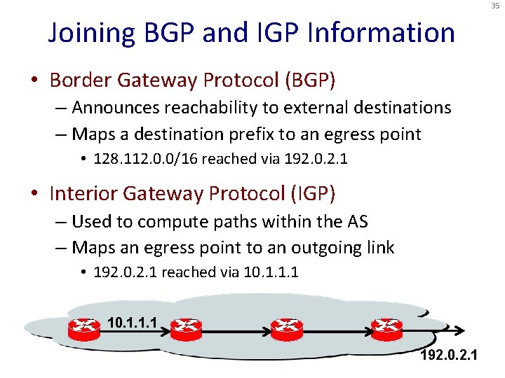 35 Joining BGP and IGP Information • Border Gateway Protocol (BGP) – Announces reachability