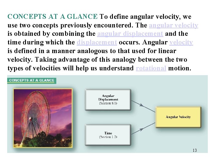 CONCEPTS AT A GLANCE To define angular velocity, we use two concepts previously encountered.