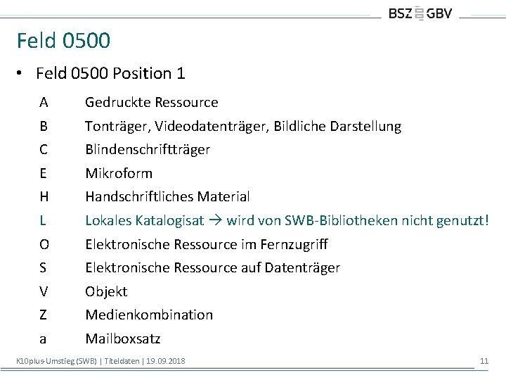 Feld 0500 • Feld 0500 Position 1 A Gedruckte Ressource B Tonträger, Videodatenträger, Bildliche