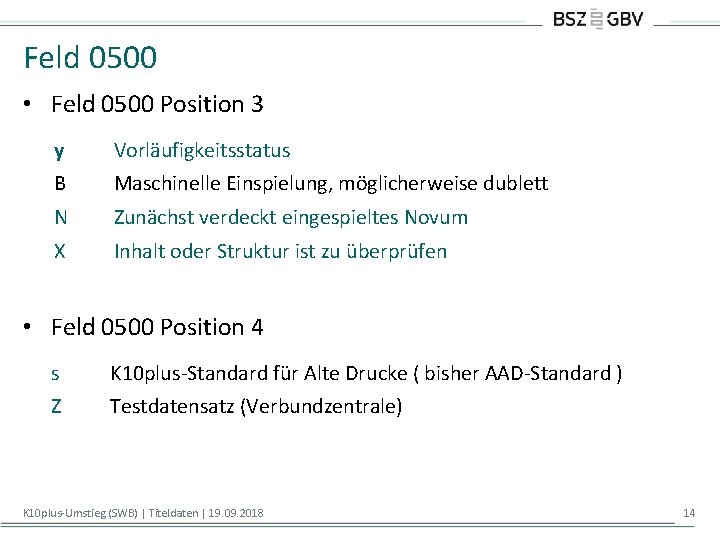 Feld 0500 • Feld 0500 Position 3 y Vorläufigkeitsstatus B Maschinelle Einspielung, möglicherweise dublett