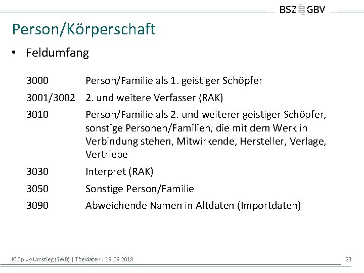 Person/Körperschaft • Feldumfang 3000 Person/Familie als 1. geistiger Schöpfer 3001/3002 2. und weitere Verfasser