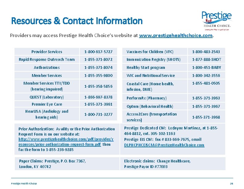 Resources & Contact Information Providers may access Prestige Health Choice’s website at www. prestigehealthchoice.