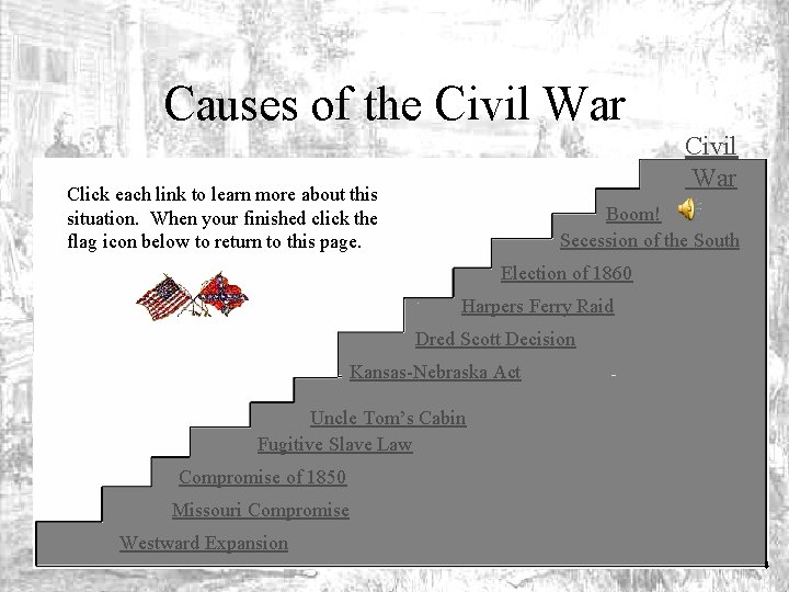 Causes of the Civil War Click each link to learn more about this situation.