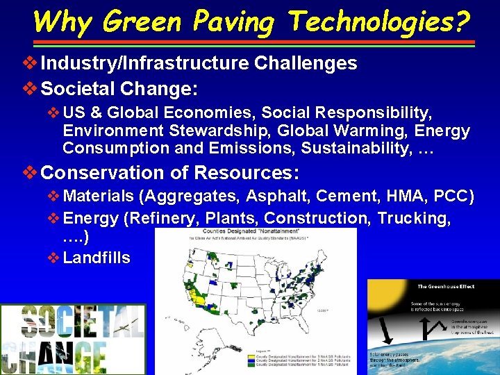 Why Green Paving Technologies? v Industry/Infrastructure Challenges v Societal Change: v US & Global