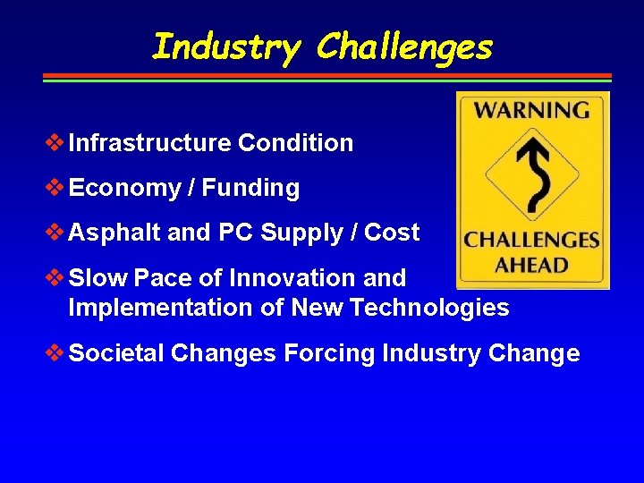 Industry Challenges v Infrastructure Condition v Economy / Funding v Asphalt and PC Supply