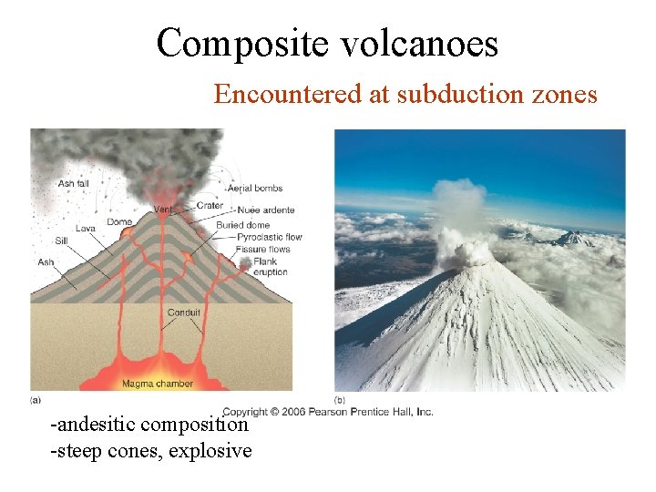 Composite volcanoes Encountered at subduction zones -andesitic composition -steep cones, explosive 