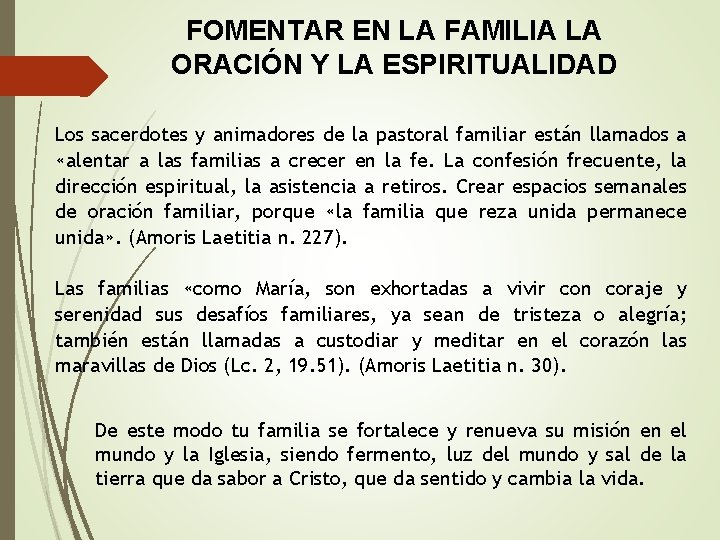 FOMENTAR EN LA FAMILIA LA ORACIÓN Y LA ESPIRITUALIDAD Los sacerdotes y animadores de