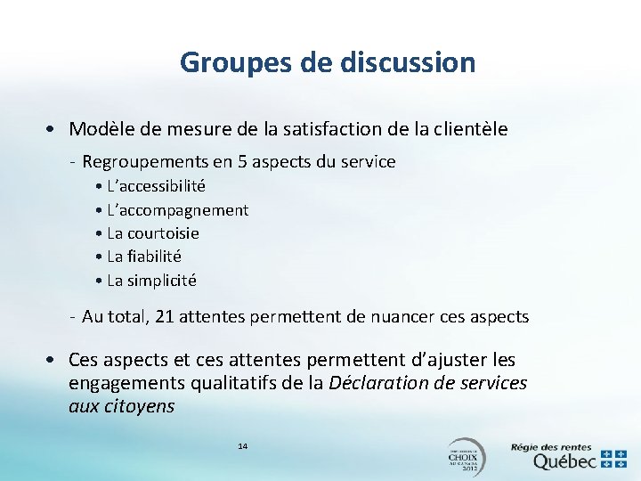 Groupes de discussion • Modèle de mesure de la satisfaction de la clientèle -