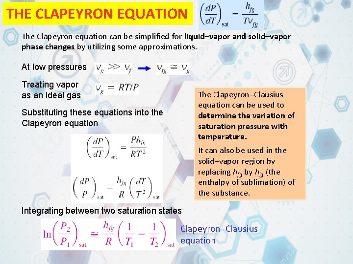 THE CLAPEYRON EQUATION The Clapeyron equation can be simplified for liquid–vapor and solid–vapor phase THE CLAPEYRON EQUATION The Clapeyron equation can be simplified for liquid–vapor and solid–vapor phase