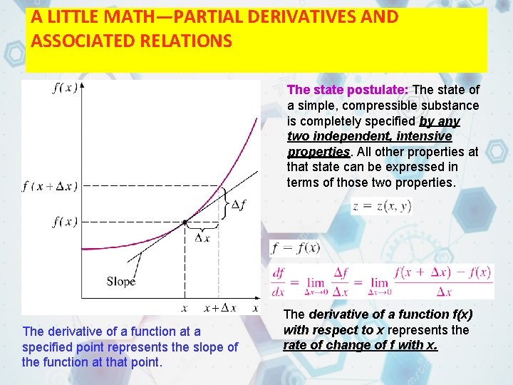 A LITTLE MATH—PARTIAL DERIVATIVES AND ASSOCIATED RELATIONS The state postulate: The state of a A LITTLE MATH—PARTIAL DERIVATIVES AND ASSOCIATED RELATIONS The state postulate: The state of a