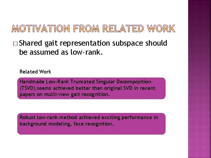 � Shared gait representation subspace should be assumed as low-rank. Related Work Handmade Low-Rank