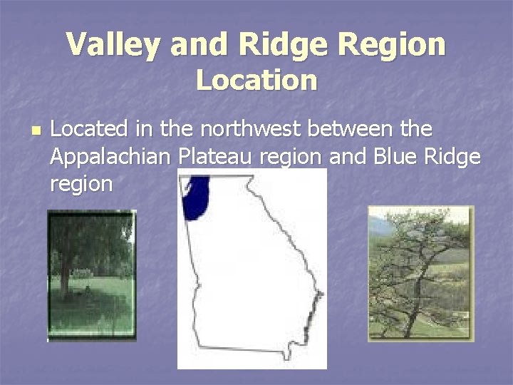 Valley and Ridge Region Location n Located in the northwest between the Appalachian Plateau