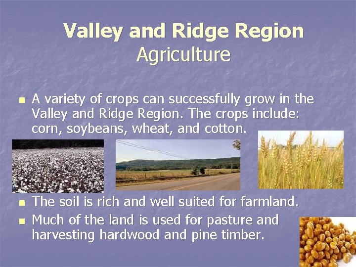 Valley and Ridge Region Agriculture n n n A variety of crops can successfully