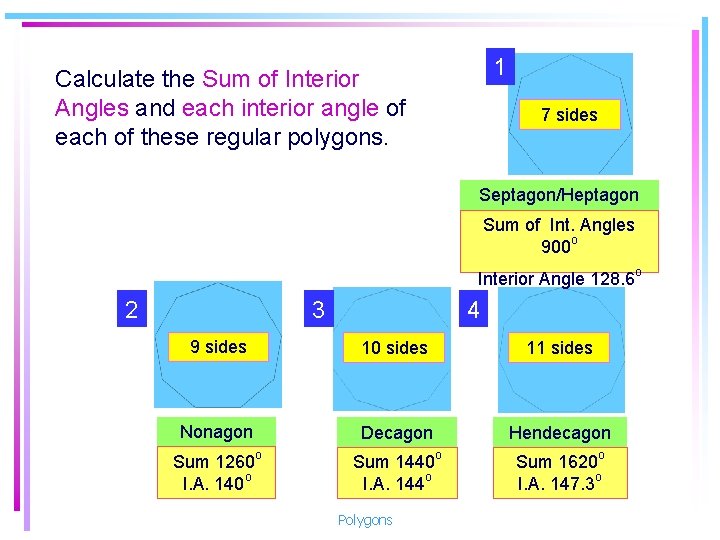 1 Calculate the Sum of Interior Angles and each interior angle of each of