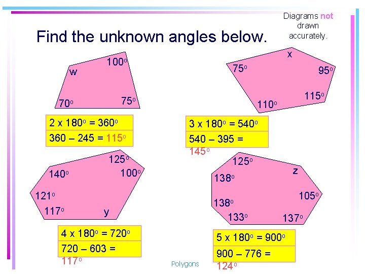 Find the unknown angles below. w 75 o 2 x 180 o = 360