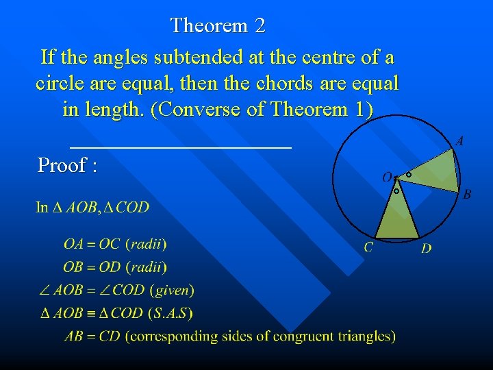 Theorem 2 If the angles subtended at the centre of a circle are equal,